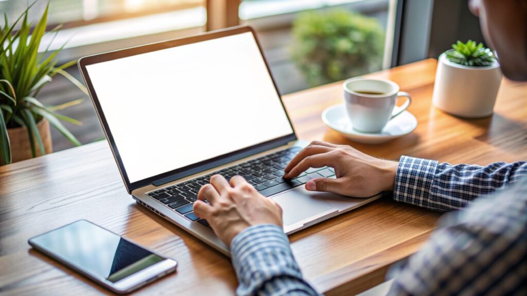 hands typing laptop with blank screen kick digit